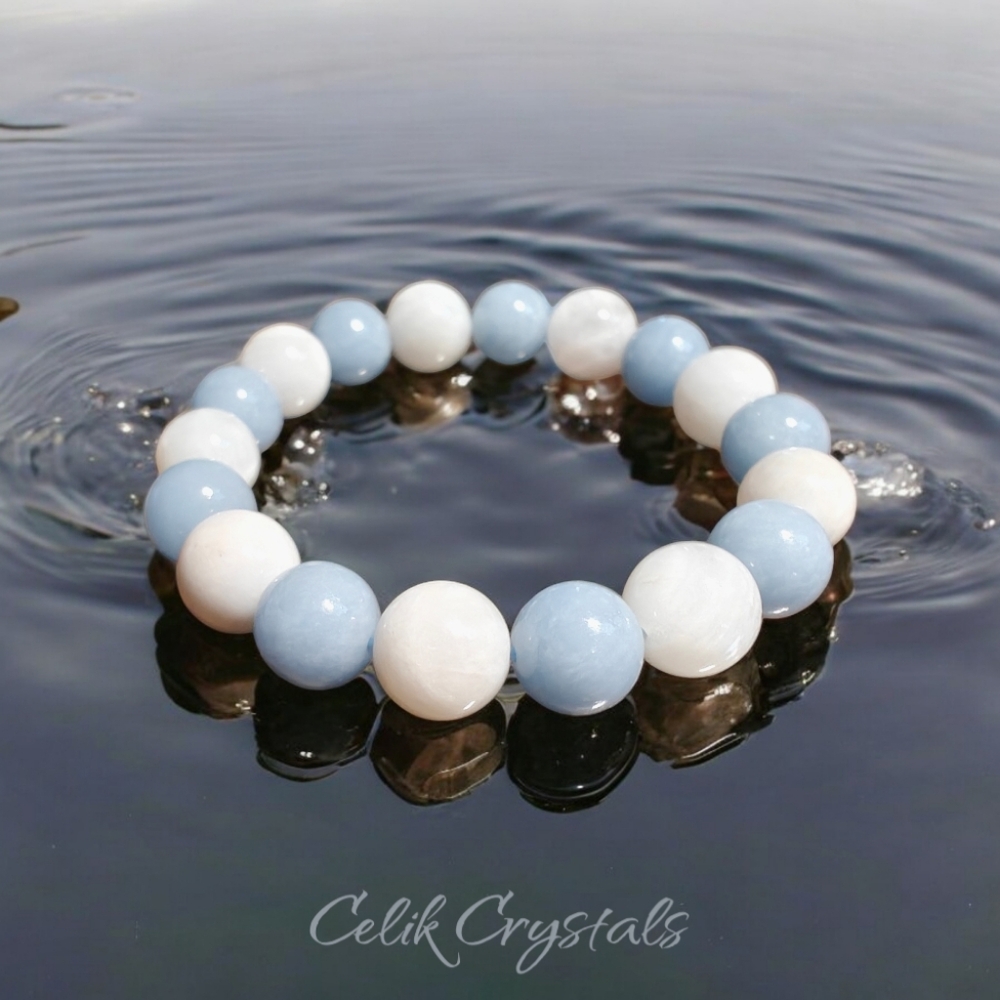Angelite and Moonstone Healing Bracelet 10mm Natural Stones Stretches - Picture 5 of 7